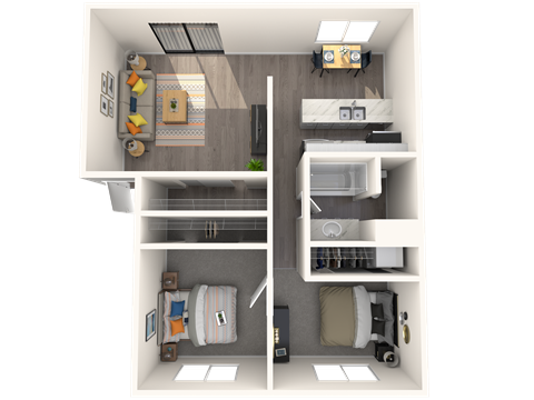 Floor plan for 2 beds, 1 bath, 890 sqft